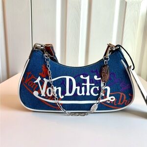 Von Dutch Blue Denim Logo Shoulder Bag with Chain